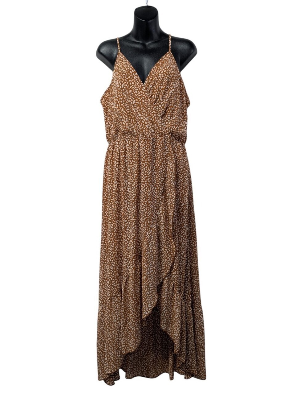 Kyundo Brown Leopard Print V-Neck Spaghetti Strap Flowy Maxi Dress Size Large